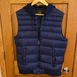 Polo by Ralph Lauren Men's Dark Blue Hooded Down Vest Full Zip Vintage Large